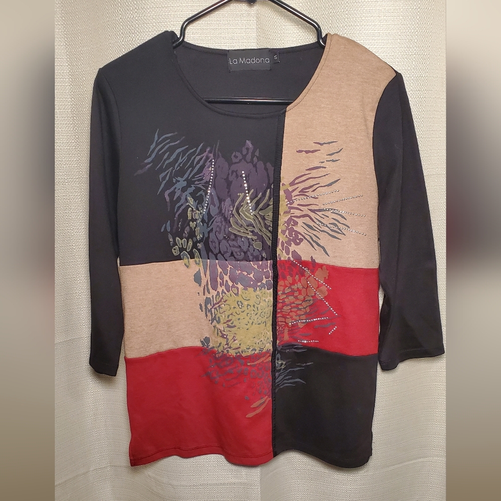 (4/$20) Colorful Women's Patchwork Long Sleeve Top, Size Small